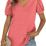 European And American Summer Casual V-neck Solid Color Puff Sleeve Loose T-shirt For Women