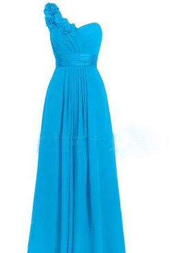 Blue one-shoulder evening gown on a white background