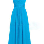 Blue one-shoulder evening gown on a white background