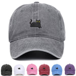 Black Cat Embroidered Washed Baseball Cap Sun Hat