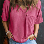 Fashionable Two-tone Pullover Short Sleeve V-neck Top For Women