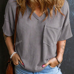 Fashionable Two-tone Pullover Short Sleeve V-neck Top For Women