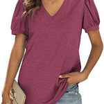 European And American Summer Casual V-neck Solid Color Puff Sleeve Loose T-shirt For Women